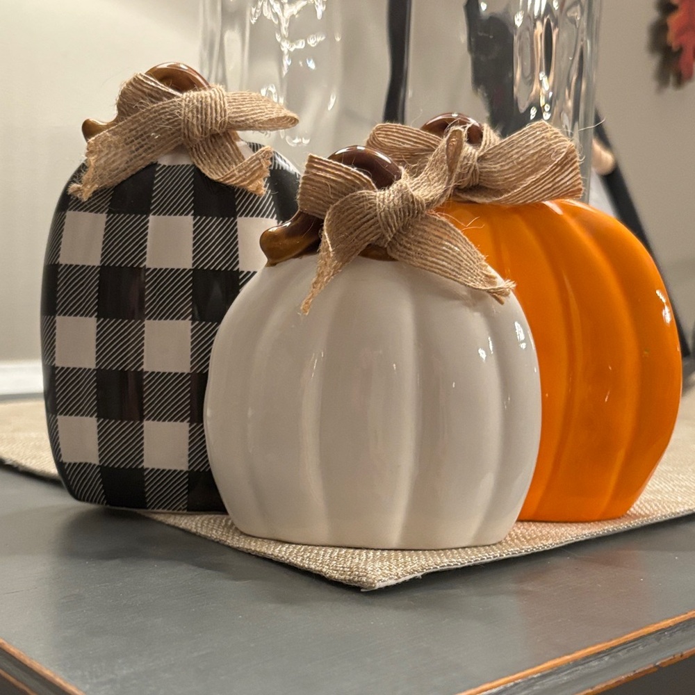Kirklands Checkered and Solid Pumpkin Trio - Black, White, Orange
